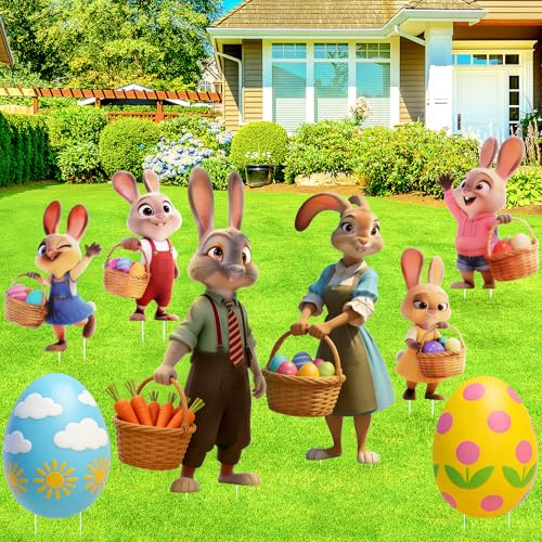 Fangoo 8 Piezas Grande Pascua Conejo Huevos Familia Carteles para El Jardín con Estacas Coloridas Pascua Exteriores Decoraciones para Jardín Patio Césped Primavera Fiesta Navideña Suministros