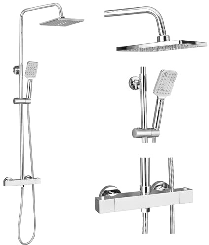 MYXJGNAIY Thermostatic Shower Mixer Set Chrome, 21cm Square Overhead Rainfall Shower Head, 3 Jet Types Handheld Shower, Height Adjustable Shower Set, Thermostatic Shower System Anti-Scalding