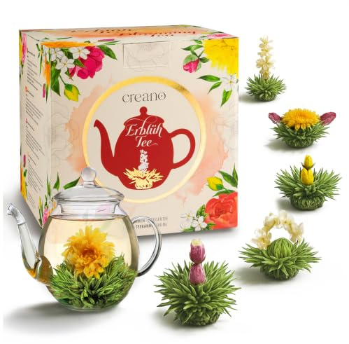 Creano Coffret Thé en Floraison – FLOWER DESIGN – Théière en Verre 500ml & 6 Fleurs de Thé Blanc – Qualité First Flush (Première Récolte) – Nouveau Design Floral – Cadeau de Luxe