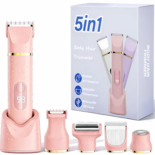 Afeitadora Eléctrica para Mujer, 5-IN-1 Rasuradora Mujer IPX7 (Rosa) | Rasuradora Mujer zona Intima seco/mojado para Bikini Axilas Brazos Cara Nariz, Impermeable IPX7
