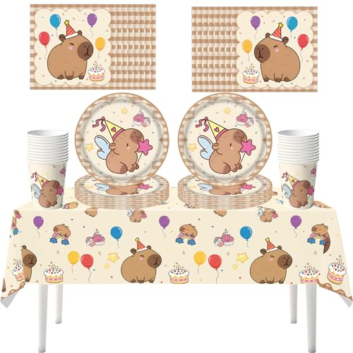 61 piezas Juego de vajilla para fiestas de cumpleaños con motivos de capibaras, ideal para fiestas infantiles. Incluye platos de papel, servilletas, vasos de papel y manteles. Apto para 20 personas.