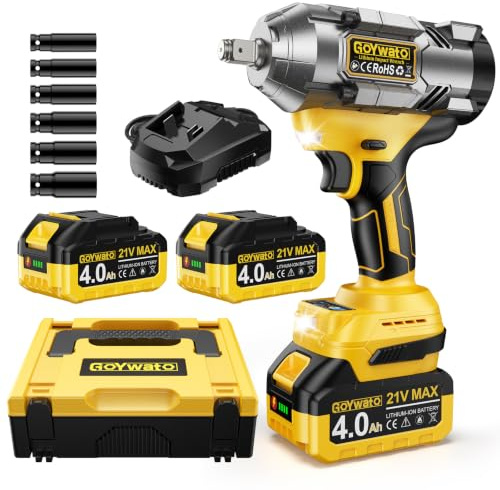 1490 Nm Avvitatore a Impulsi con 2 Batterie 4.0Ah & 6 Bussole, Giallo | 1/2'' Avvitatore ad Impulsi Brushless con Caricabatterie & LED Integrata, Ideale per Auto, DIY e Uso