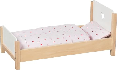 goki 6646 - Puppenbett Herzmotiv mit Bezug IV, komplettes Set aus Holz und Baumwolle, Puppenmöbel, Zubehör für das Puppenzimmer, stabil und langlebig im Kinderzimmer, 57 x 29 x 25cm, ab 3 Jahre