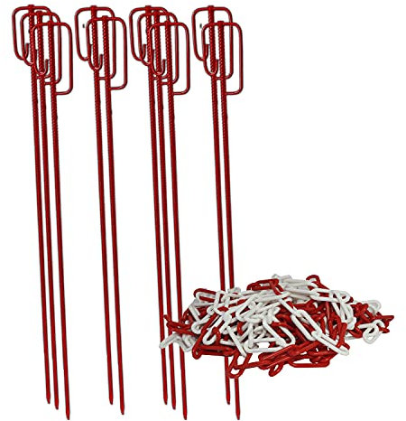 UvV Absperrleinenhalter 10 Stück mit Kette Ø 14 x 1200 mm, verschiedene Farbkombinationen, Absperrkette aus Kunststoff 25 Metern Länge wahlweise 6 oder 8 mm Gliederstärke (ROT 6 mm)