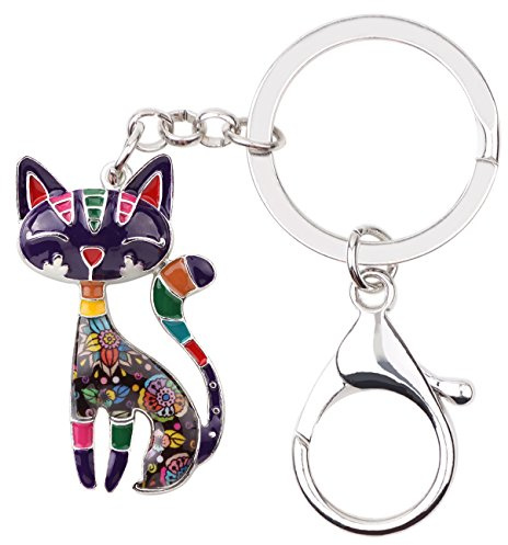 BONSNY Alliage d'Émail Chat Mignon Chaton Porte-Clés Animaux de Compagnie Bijoux pour les Femmes Clés de Voiture Porte-Monnaie Sac À Main Cadeaux Accessoires (Lila)