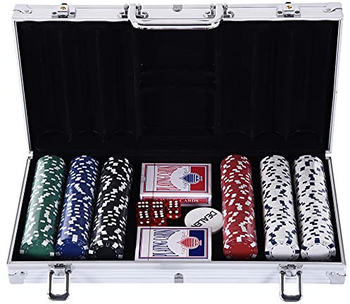 HOMCOM Pokerkoffer Pokerset 300 Pokerchips 2xKartenspiel 5xWürfel 1xAlukoffer Poker Set Jetons Koffer Alu+ Polystyrol 38x20,5x6,5 cm