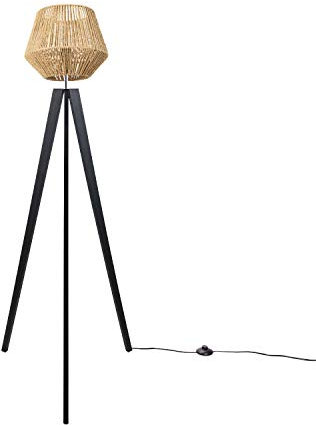 Paco Home Stehlampe Modern Wohnzimmer Schlafzimmer Rattan Optik Boho Korb Stehleuchte E27, Lampenfuß: Stehleuchte Schwarz, Lampenschirm: Natur (Ø33 cm)