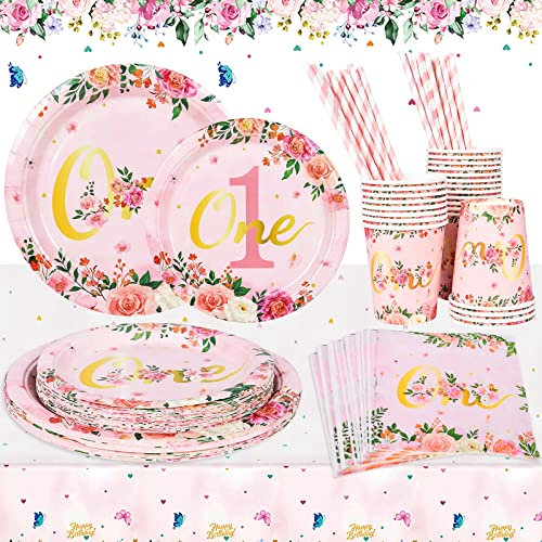 FORMIZON 121 Teile Mädchen Erster Geburtstag Party Set, 1. Geburtstag Mädchen Deko Partygeschirr Set für 24 Gäste, Rosa Blumen Pappteller Becher Servietten Strohhalme Tischdeko Geburtstagsdekoration