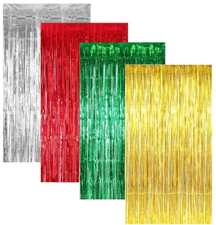 Partyvorhänge 4 Stück Weihnachten Metallic Lametta Vorhänge 1x2m Folie Hintergrund Fringe Vorhänge für Weihnachten Geburtstag Hochzeit(4 Farben)
