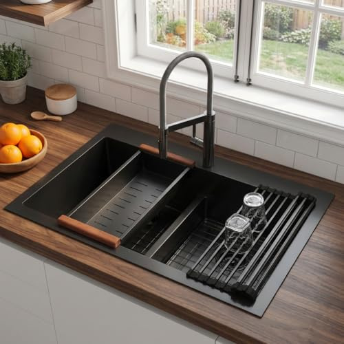 LQS Black Kitchen Sink, 33x22 Drop In Kitchen Sink Black, Top Mount Stainless Steel Sink, Large Capacity, 50/50 Double Bowl Sink with Unique Low-Divider Design For Easier Rinsing and Cleaning