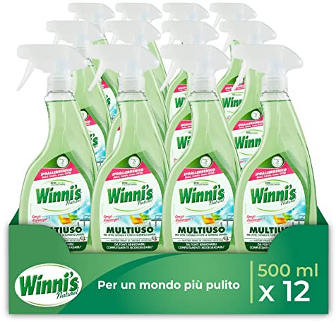 Winni's - Detergente Spray Multiuso Ipoallergenico, Azione Pulente su Vetri, Specchi e Superfici Lavabili, Senza Risciacquo, con Materie Prime di Origine Vegetale, 500 ml x 12 Confezioni