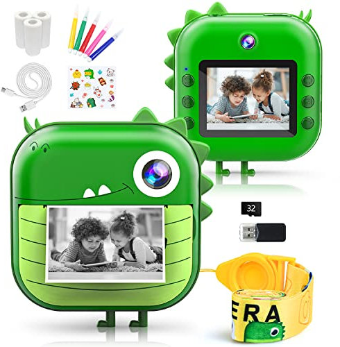 Kizeefun Sofortbildkamera Kinder, Dinosaurier Kamera1080P-HD, Schwarzweiß-Fotografie, 32GB Speicherkarte, 3 Rollen Druckpapier, 5 Farb-Pinselstiften, Geburtztag Geschenk Ostergeschenke für Kinder