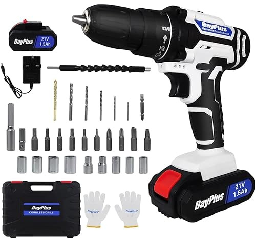 21V Cordless Drill and Screwdriver Set with 2-Speed 25+1 Torque 45Nm Max, 3/8 Keyless Chuck, 1500mAh Li-ion Battery, Charger and 26PCS Bits