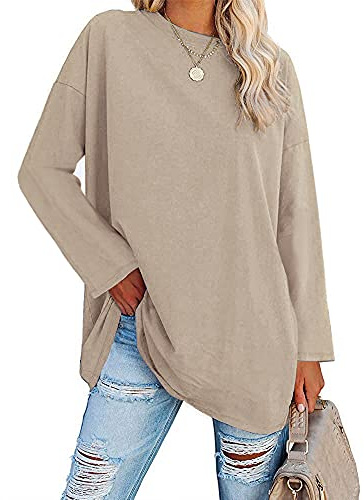 Ebifin Oversized T Shirts Women Long Tops Long Sleeve T Shirt Crewneck Tunic Tops Bluse Sweatshirts.Khaki.S