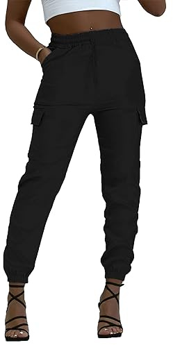 Women's Cargo Picket Detail Casual Stretch Fit Combat Trousers Pants (S-M, Black)