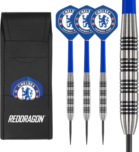 FOCO officiellt licensierade Chelsea FC-flygningar med 80 % volfram 24 g Red Dragon Dart-set – inklusive dartskaft och dartbarplånbok – professionella darttillbehör