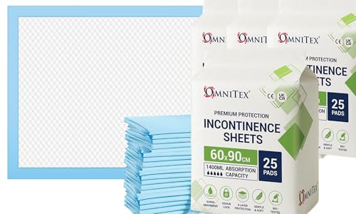 100pk Omnitex 60 x 90cm Disposable Bed Pads - 1400ml absorption | SAP Liquid Lock Technology Incontinence sheets, Premium Underpads, Bed Mats, Mattress Protectors | 4x 25pk | CE & UKCA certified