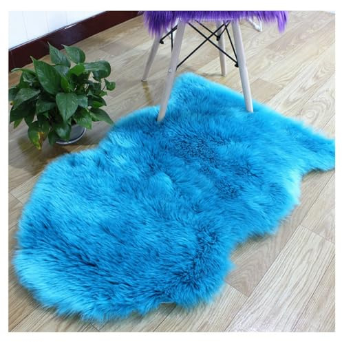 Hrlace Alfombra de piel de oveja sintética de piel de cordero, pelo largo, suave, mullida, de imitación, para cama, sofá, silla, dormitorio, azul, 65 x 100 cm