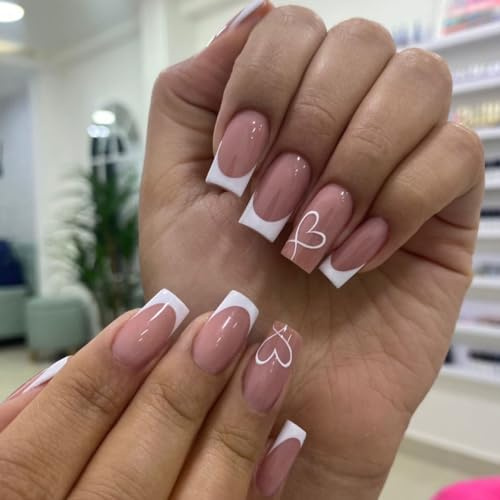 OKAQEE 24PCS Long Square French False Nails - Fake Arcylic Press On Nails Full coverage Glossy False Nails with Glue - Stick on Nails for Women and Girls (French Heart)
