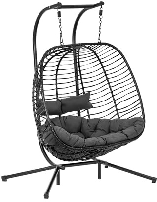 Uniprodo Outdoor-Hängesessel für Zwei Personen mit Gestell Sitz zusammenfaltbar bis zu 200 kg Traglast schwarz/grau Hängesessel für den Garten Outdoor-Hängeei Schwingsessel