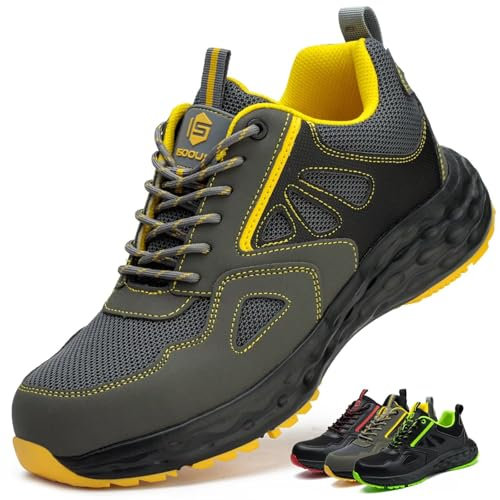 Zapatos de Seguridad para Hombre Mujer Zapatillas Trabajo Puntera de Plástico Ligero Calzado de Seguridad Comodo Transpirables Gris Amarillo EU 43