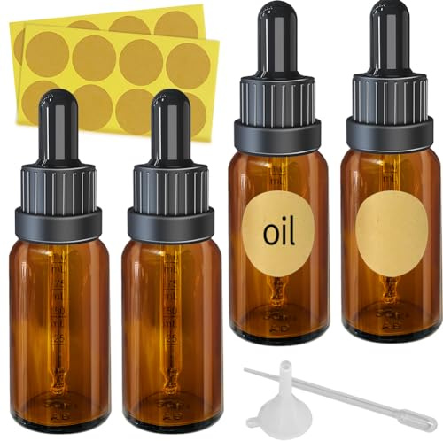 XYUXWLG Dropper Bottle, 4 Pcs 30ml Amber Glass Bottle with Glass Pipette Refillable Leakproof Come with 1 Funnel & 16 Labels Thick Dark Amber Glass Essential Oils Bottles for Aromatherapy Blend