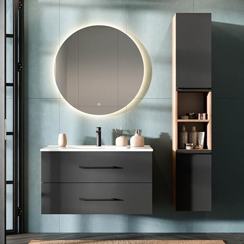 Planetmöbel LUX Badmöbel Set Waschtisch mit Waschbecken 90 cm, Spiegel mit Beleuchtung rund 80 cm (Touch-Funktion), Hochschrank 165 cm, Gold Eiche/Anthrazit
