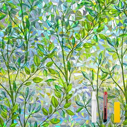 Countewol Window Privacy Film Stained Glass Window Film Rainbow Window Film Window clings Non-Adhesive Reusable Decorative for Room (Leaf Rainbow, 17.5 x 157.4 in)