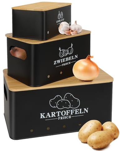 Mozvvco Kartoffel Aufbewahrungsbox 3er Set mit Bambusdeckel, Aufbewahrung für Kartoffeln Zwiebeln Knoblauch, Zwiebeltopf Kartoffelbox Knoblauchtopf Vintage, Schwarz