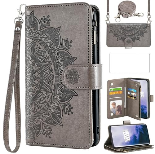 Asuwish Funda tipo cartera para OnePlus 7 Pro con protector de pantalla de vidrio templado y tarjetero de flores de mandala para celular OnePlus7Pro 5G One Plus 1+7 1Plus OnePlus7 7Pro One+ 1 + Siete,