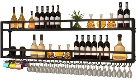 WXZXWXZX Weinregal Wand Metall Flaschenregal Wine Rack Weinschrank Schmal Barschrank mit Weinglashalter Weinständer Weinflaschenhalter Getränke Regal Mini Bar für Esszimmer Home Bar Küche(Black,2 Lay