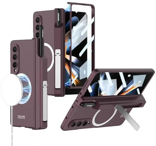 Magnetische Hülle für Samsung Galaxy Z Fold 5 4 3 Hülle unterstützt kabelloses Laden mit Stiftschlitz-Schalenmembran für Z-Fold3-Abdeckung, Burgunderrot, für Samsung Galaxy Z Fold 5