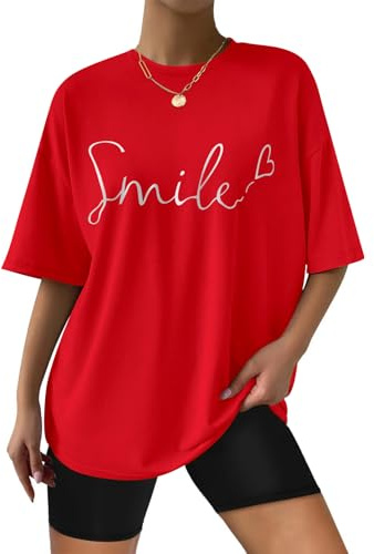 heekpek T Shirt Damen Oversize Sommer Baumwolle Tshirt Rundhals Locker Lächeln Drucke Kurzarm T-Shirt Übergroße Casual Basic Top