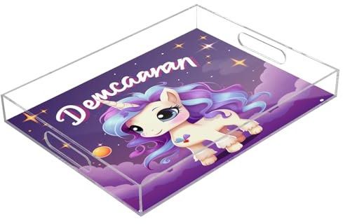 Stars Purple Unicorn Acrylic Serving Trays, Clear Rectangular Tray with Handles Serving Platter for Coffee Table Kitchen Bathroom