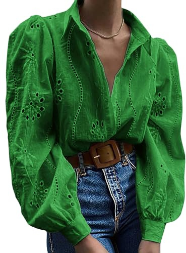 Awemeal Blusa para mujer con botones abotonada, parte superior con huecos, bordada, de manga larga, camisa a cuadros, manga abullonada, camisa de manga larga, top elegante, de un solo color, blusa