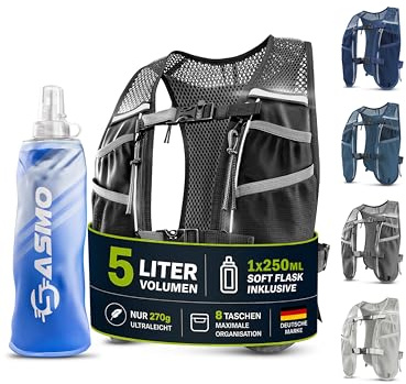 SASMO Laufweste Damen & Herren mit Trinkflasche, 270g Ultraleicht | Trinkweste Laufen, Laufrucksack, Trinkrucksack, 8 Taschen, 2L Trinkblase kompatibel, Atmungsaktiv, Joggen Wandern Trail