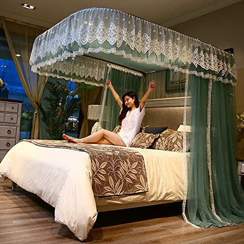 RDWQDGJG Bettvorhang Für Doppelbett, Betthimmel Elegante Schiebevorhänge Mit Spitzenkante, U-Design-Schiene, Zelt Für Schlafzimmer Dekorativ,Grün,2 * 2.2M