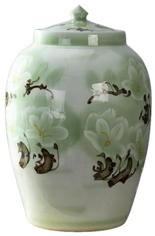 ZBJDX Rice Airtight Dry Food Storage Containers, Light Green Chinese Ceramic Rice Jar with Lid, Grain Dispenser for Rice, Soybeans, Corn, Flour, Oatmeal,small