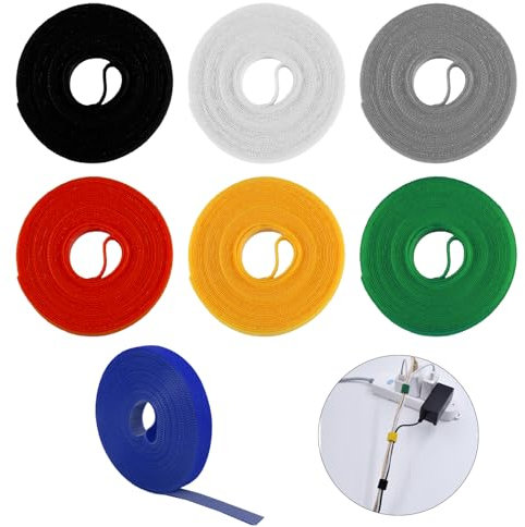 7 rotoli di fascette per cavi con gancio e anello, 10 mm x 5 m autoadesivo in nylon per uso intensivo, gancio e anello, nastro di fissaggio del filo per l'organizzazione delle fascette di gestione dei