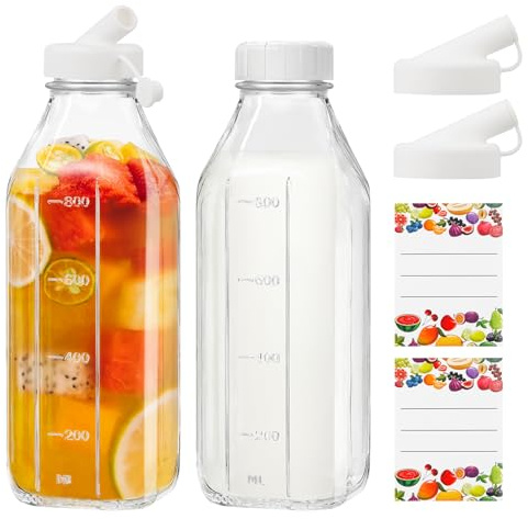Fonyet 2 Stück Glasflasche 1 Liter Glas Milchflaschen mit Deckel und Aufkleber, Saftflaschen zum Befüllen von Frischer Milch, Smoothie, Saft, Kombucha, Honig