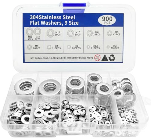 SUPEASY Lot de 900 rondelles en acier inoxydable 304 pour vis, différentes tailles (M2, M2,5, M3, M4, M5, M6, M8, M10, M12) pour applications industrielles