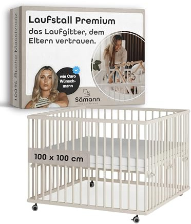 Sämann Premium Baby Laufstall aus Holz I Sahara Dust 100x100 cm I Stufenlos Höhenverstellbares Babybett aus Massivholz I Modernes Krabbelgitter & Sicheres Spielgitter I TÜV geprüft