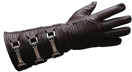 URBAN BUCK Handschuh aus echtem Schaffell, normale Passform, lange Armstulpe, Premium-Schnallen, ungefüttert, Cosplay-Handschuhe, für Herren, Braun, rechte Hand, Größe L