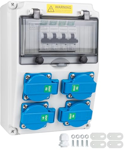 KNMlPJD Stromverteiler mit 16 A 1 Polig Leitungsschutzschalter Baustromverteiler mit 16 A Steckdose Starkstrom verteiler Wandverteiler starkstrom steckdose für den Innen- und Außenbereich(4×16A 1P LS)