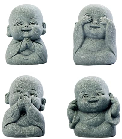 4-in-1 Laughing Buddha Statue Decor Set Small Zen Monk Sandstone Buddha Sculpture Feng Shui Ornaments for Outdoor Gardens & Indoor Meditation Rooms,Micro Landscape Decor Fish Tank Aquarium Decoration
