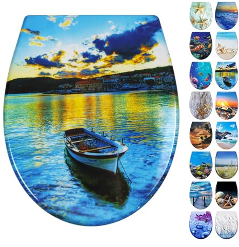 Fanmitrk Abattant WC avec système d'abaissement automatique, couvercle de toilette en Duroplast avec fermeture rapide, siège de toilette avec motif (bateau)