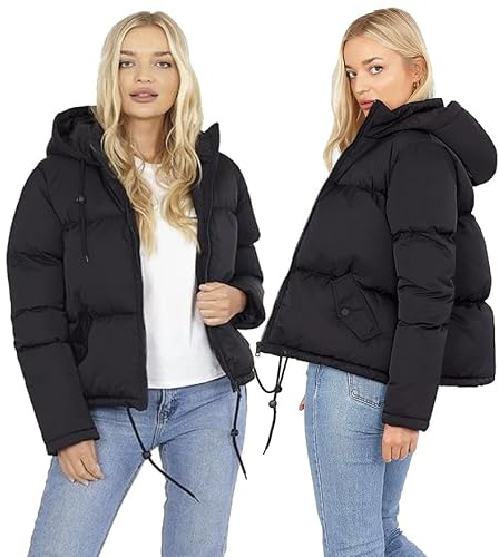 M1427 Short Padded Puffer Jacket, WOMENS LADIES SHORT QUILTED WINTER COAT PUFFER HOODED JACKET PARKA SIZE (UK, Numeric, 14, Regular, Regular, BLACK)