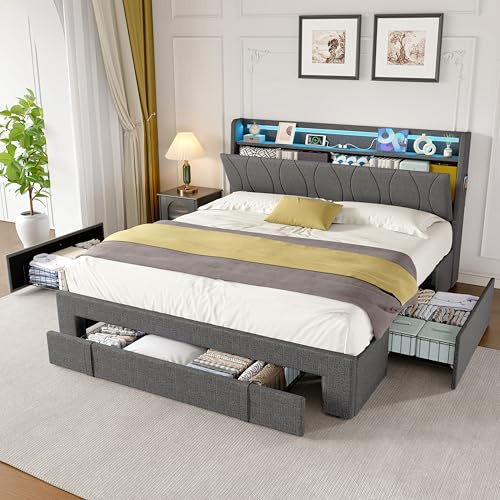 Laxnb Double Bed 4ft6 Upholstered Bed Frame with Storage 3 Drawers, Storage Headboard with LED Lighting and USB/TypeC Ports, 135x190 cm Double Bed Frame with Slats, No Mattress, Linen Grey