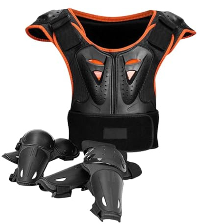 APLVFFZH Kids Motorrad Schutzanzug Kinder Motorrad Schutzrüstung Brust Rückenprotektor Ellenbogen Kniepolster Weich Komfortabel Langlebig für Jungen Mädchen Sk, Orange Schwarz, L