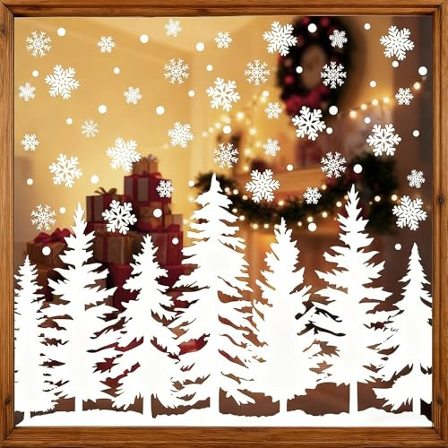 89stk/9 Blätter Fensterbilder Weihnachten Selbstklebend,Winter Weiß Weihnachtsdeko Fenster PVC Schneeflocken Fensterdeko Weihnachtsbaum Weihnachtssticker Groß Weihnachten Fenstersticker Deko